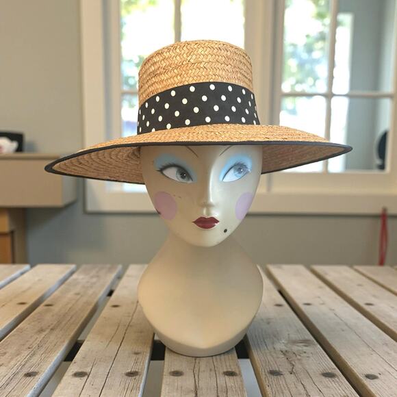 Vintage Eric Javits Straw Boater Hat for Bonwit Teller New York Polka Dot Ribbon - Picture 1 of 6